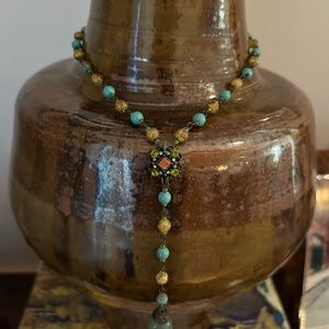 Vintage Blue & Green Beaded Necklace with Dangling Stone.